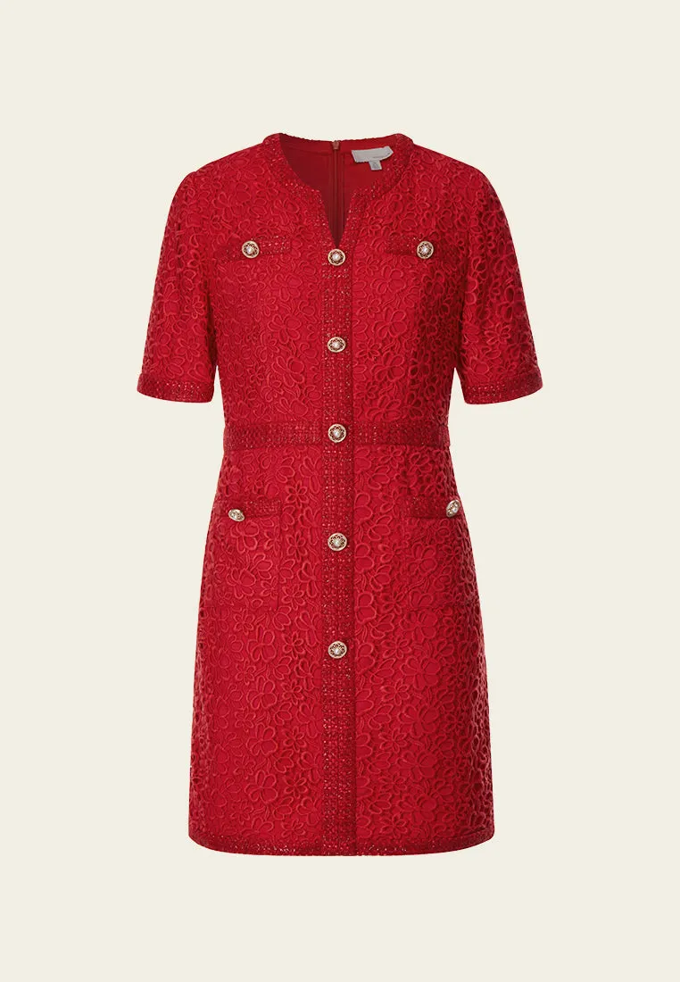 Red Signature Short-sleeved Lace Tweed Dress World Edge FlatlockStitching