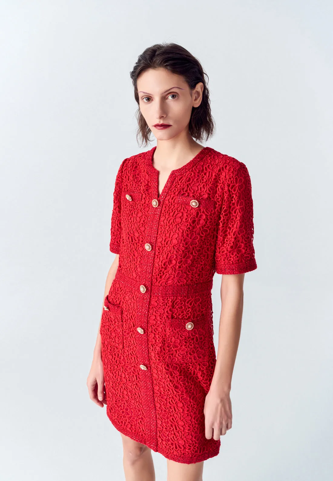LayeredPaneling Red Signature Short-sleeved Lace Tweed Dress