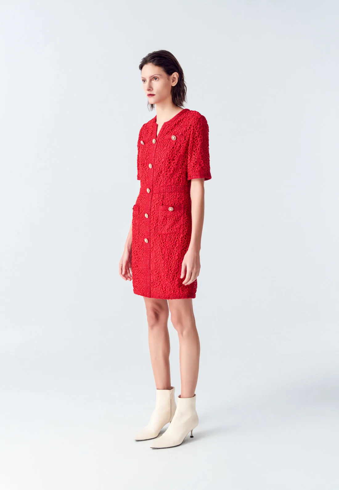 Red Signature Short-sleeved Lace Tweed Dress MatteFinishTexture
