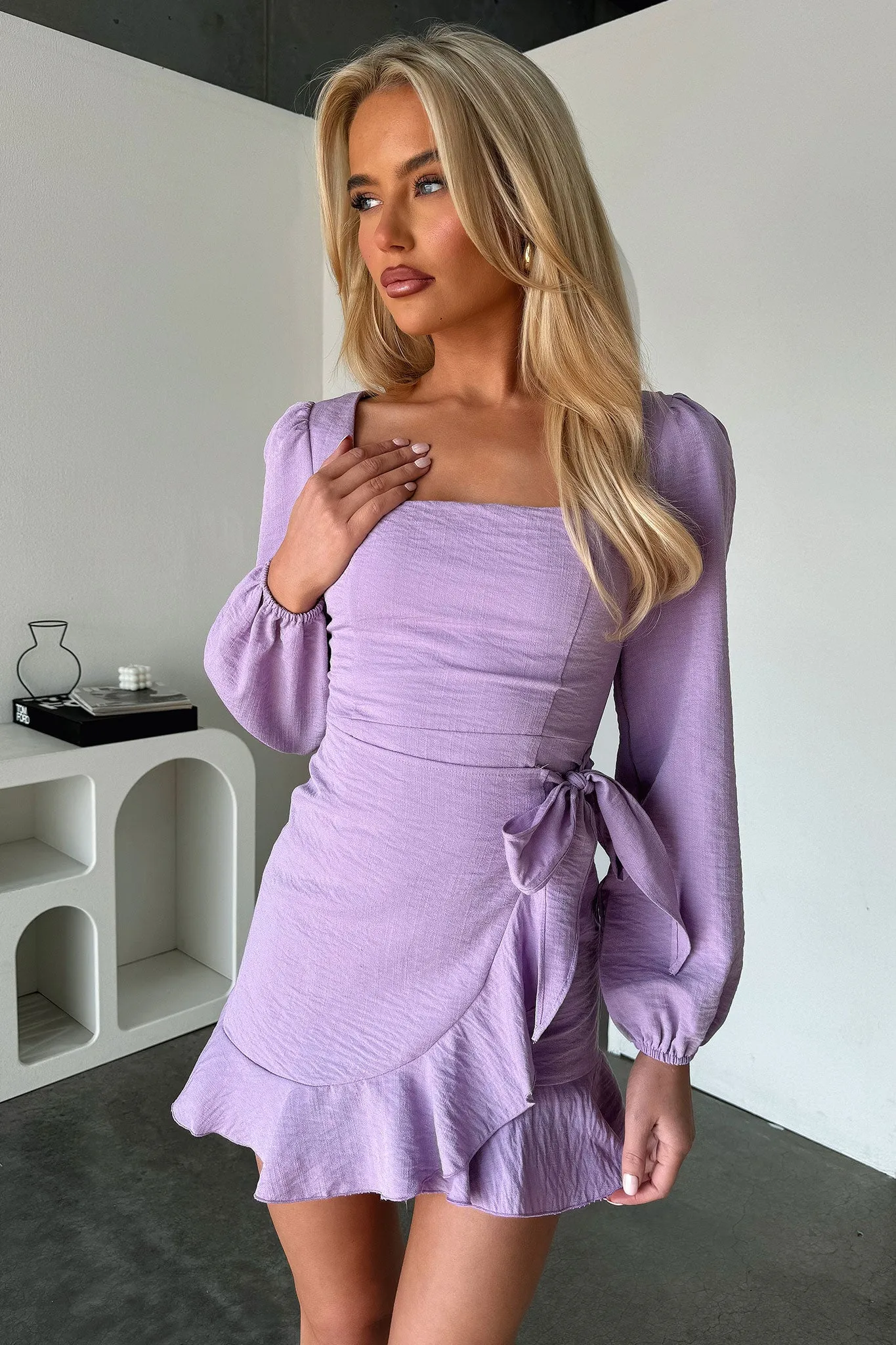 Silvana Long Sleeve Wrap Mini Dress - Lilac Sophisticated short dress