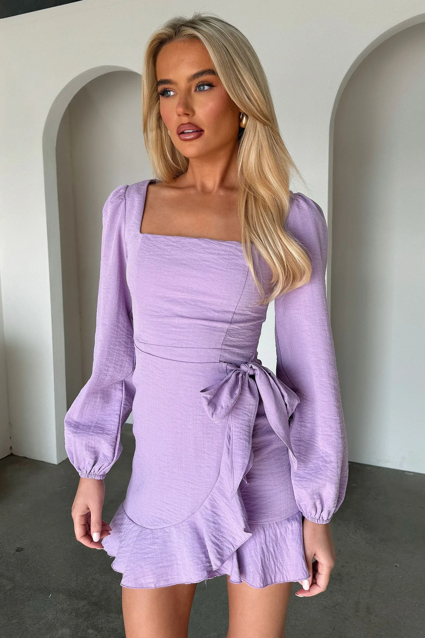 Charming Prints Silvana Long Sleeve Wrap Mini Dress - Lilac
