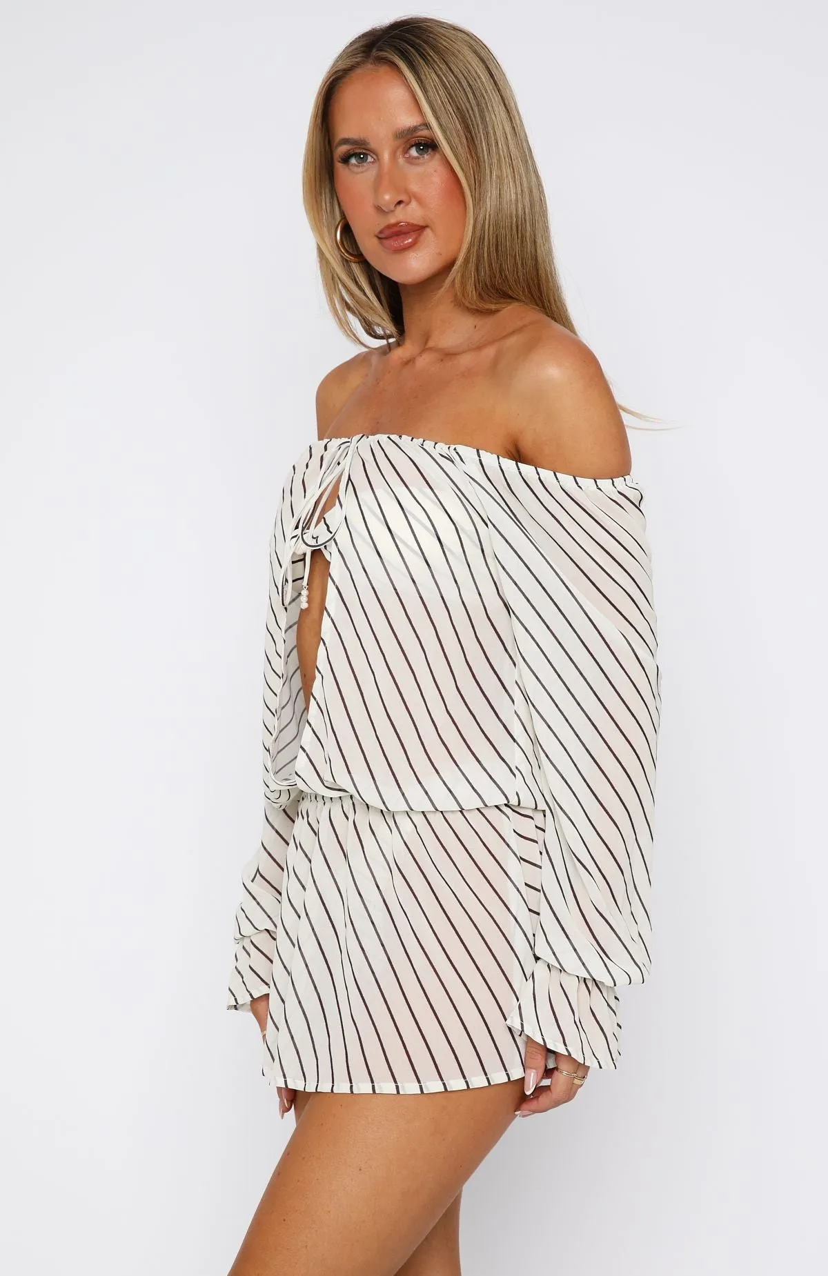 Back To Shore Long Sleeve Mini Dress Cream/Choc Stripe Adjustable drawstring HighCollar Style