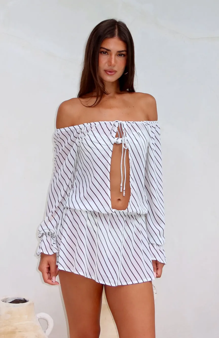 Back To Shore Long Sleeve Mini Dress Cream/Choc Stripe StaticFree Lining