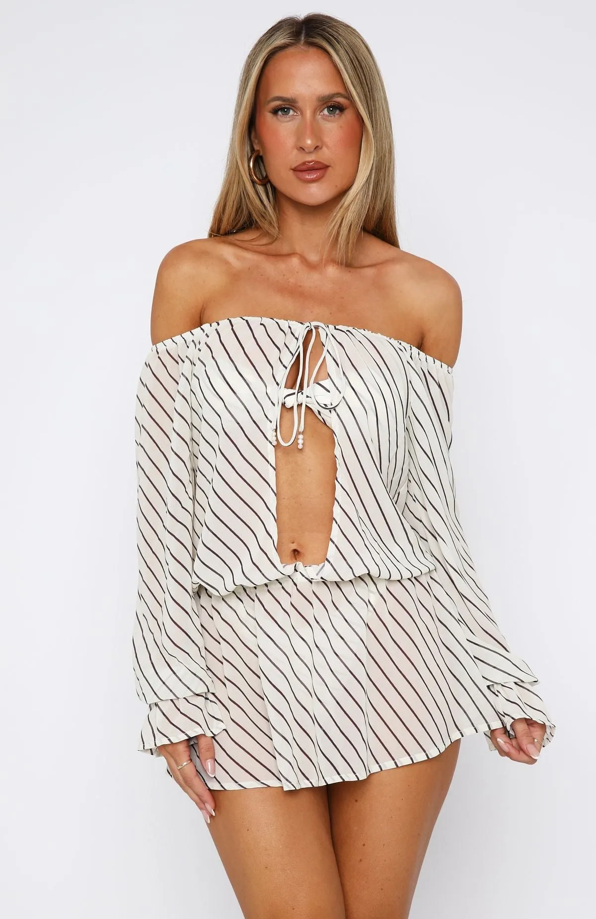 Global Cool StainRepellentSurface Back To Shore Long Sleeve Mini Dress Cream/Choc Stripe