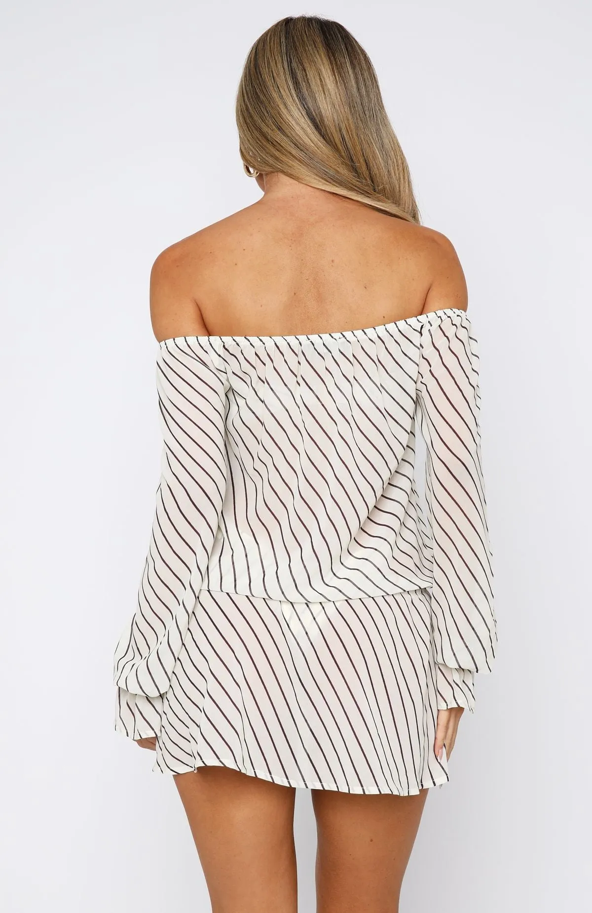 Back To Shore Long Sleeve Mini Dress Cream/Choc Stripe Holiday Glow DoubleLayered Fabric