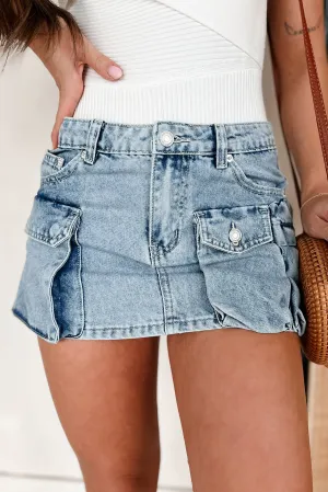 Minimal Vibe Fade Resistant Cloth No Pep Talk Needed Denim Cargo Mini Skirt (Light Denim)