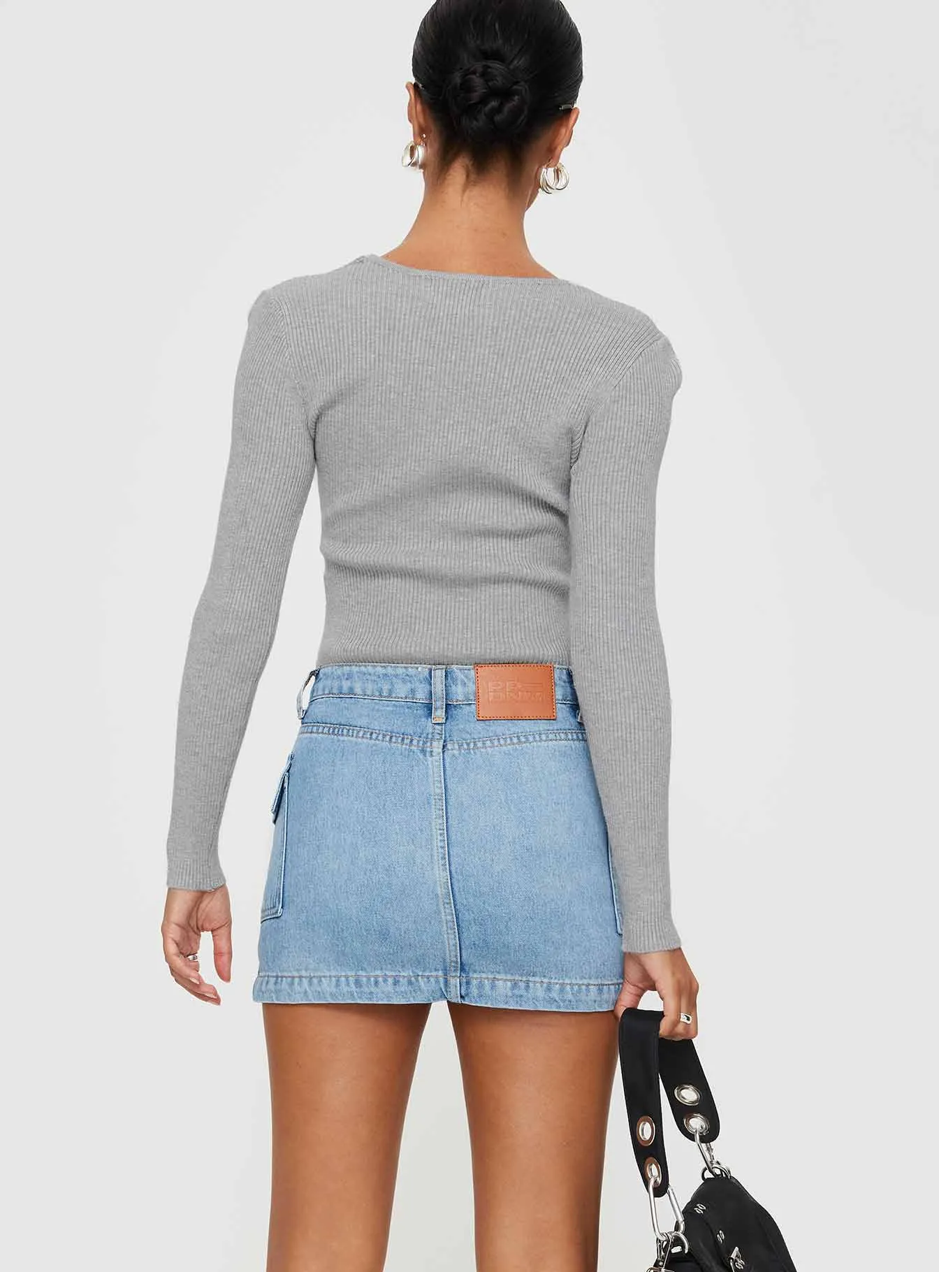 Zakai Cargo Denim Mini Skirt Ice Blue Tiered Design Metallic Finish