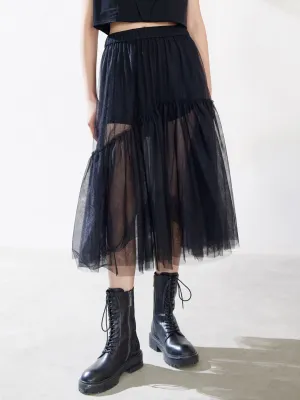 Ruffle Tulle Midi Skirt Flexible Motion