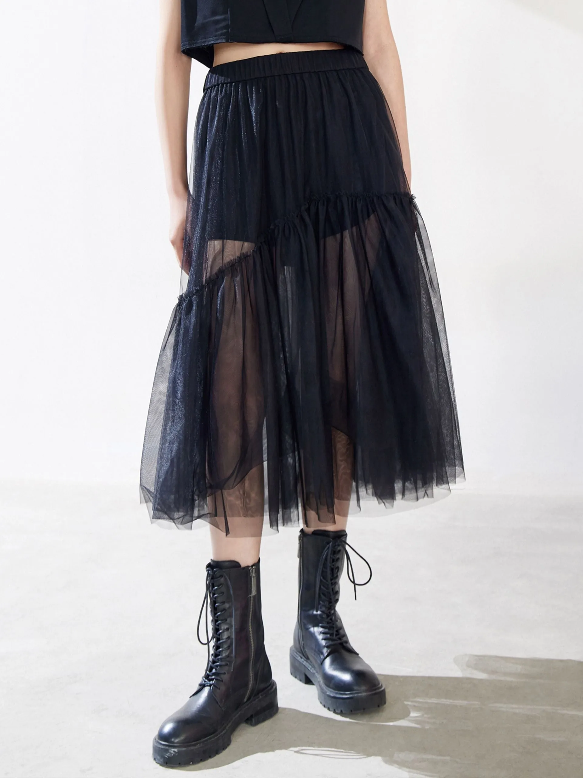 Ruffle Tulle Midi Skirt Flexible Motion