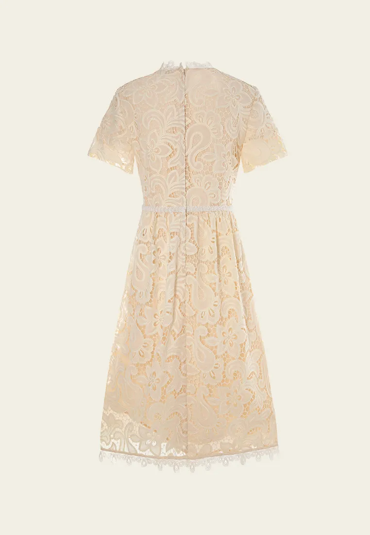 Bead-trim V-neck Hollow-carved Lace Dress Wonder Fit