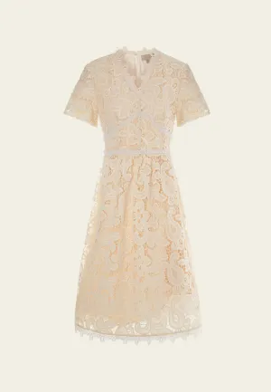 Bead-trim V-neck Hollow-carved Lace Dress WrinkleResistantFabric StaticResistantTextile