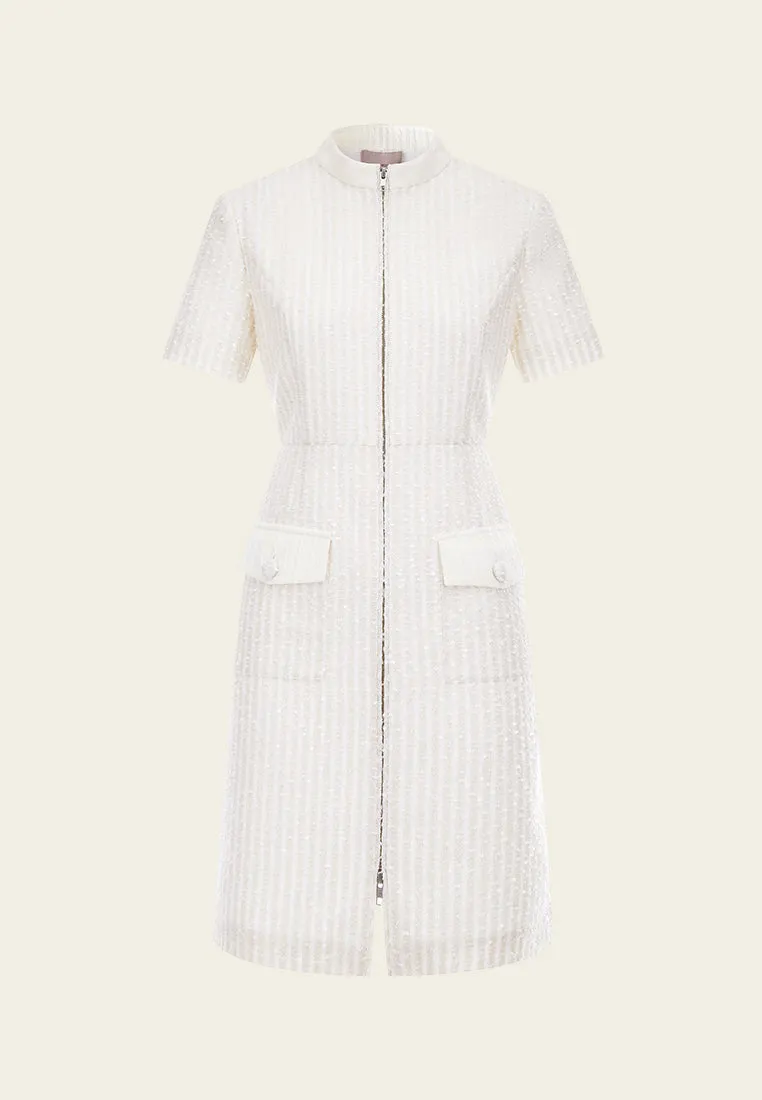 StretchableFabric Recycled Polyester Beige White Stand Collar Zip-Up Tweed Dress