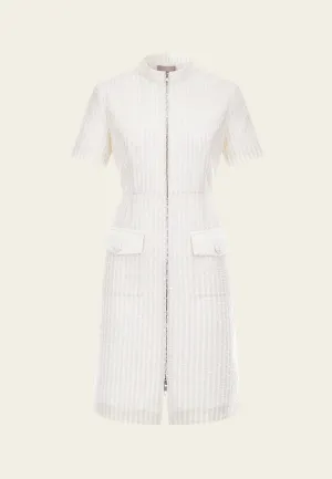 StretchableFabric Recycled Polyester Beige White Stand Collar Zip-Up Tweed Dress