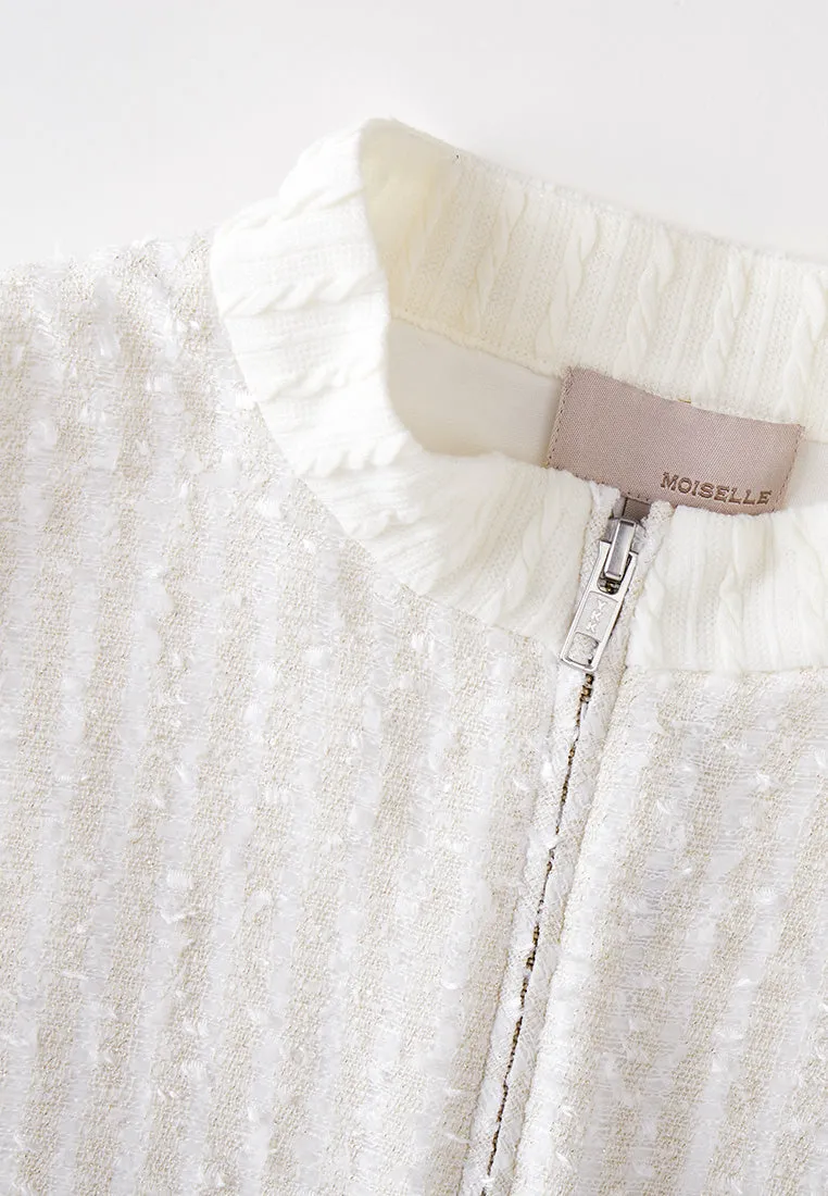 Late Breeze Beige White Stand Collar Zip-Up Tweed Dress