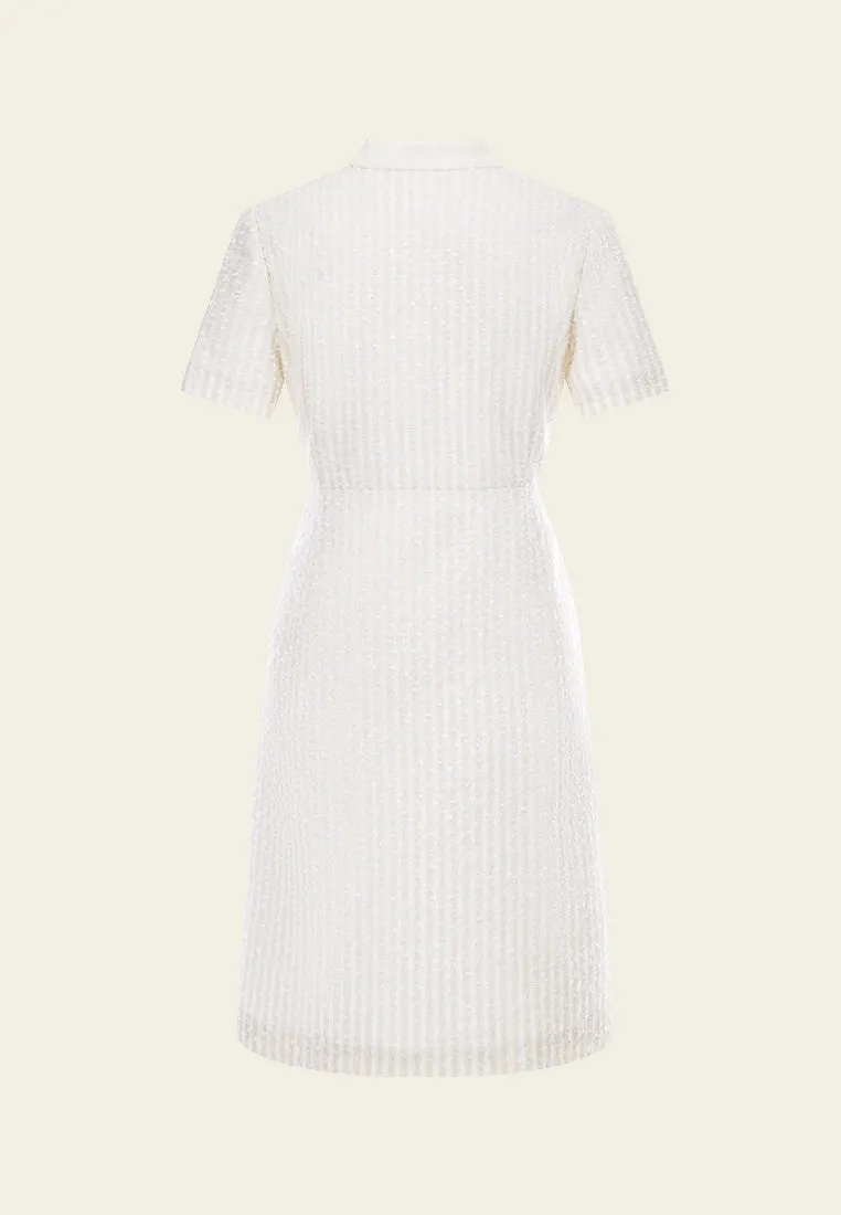 Beige White Stand Collar Zip-Up Tweed Dress Modern Ease MultiPocket