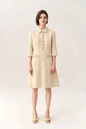 Embellish-trimmed Lapel A-line Dress ThermalInsulated