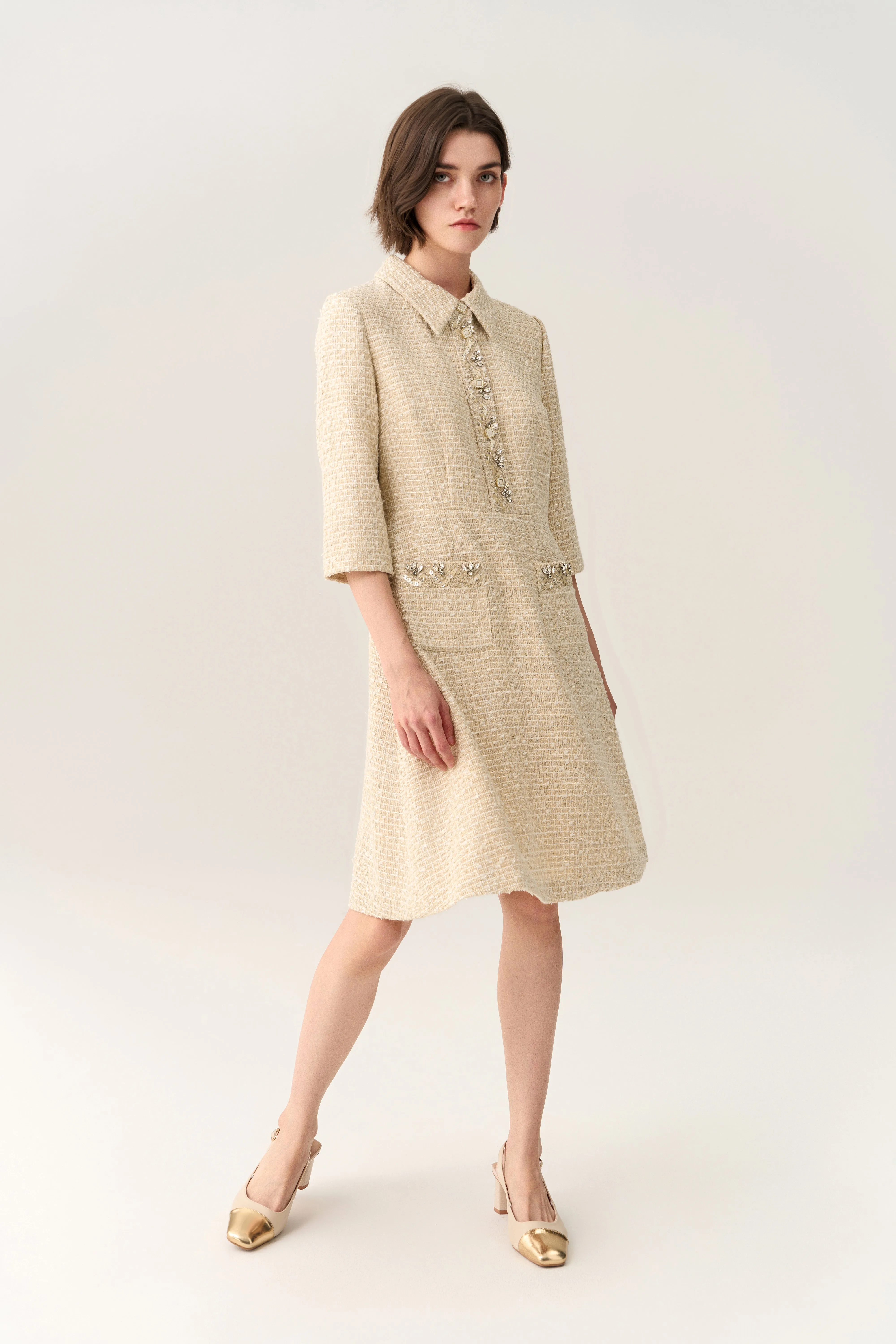 World Edge Embellish-trimmed Lapel A-line Dress