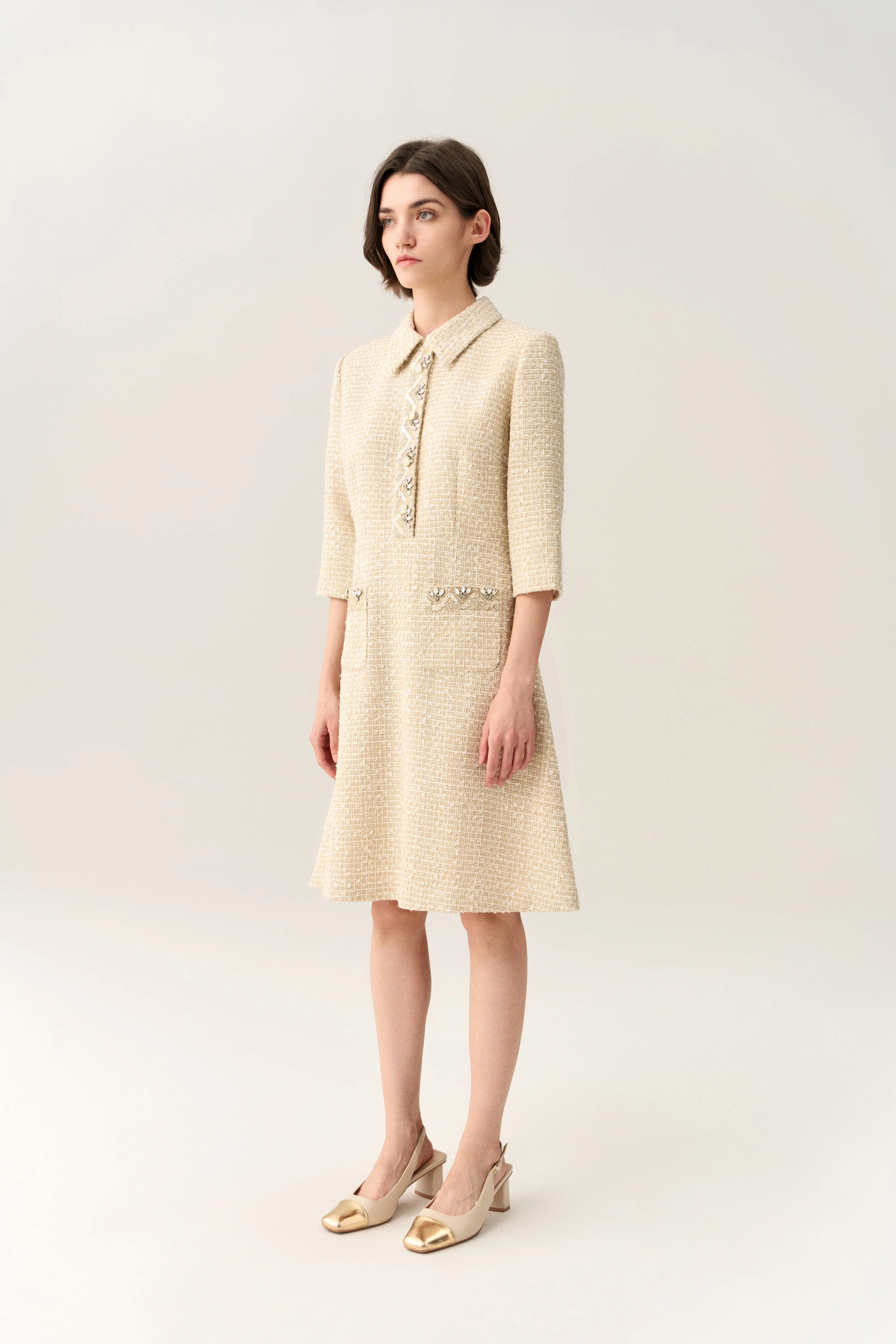 Embellish-trimmed Lapel A-line Dress HighCollared Design