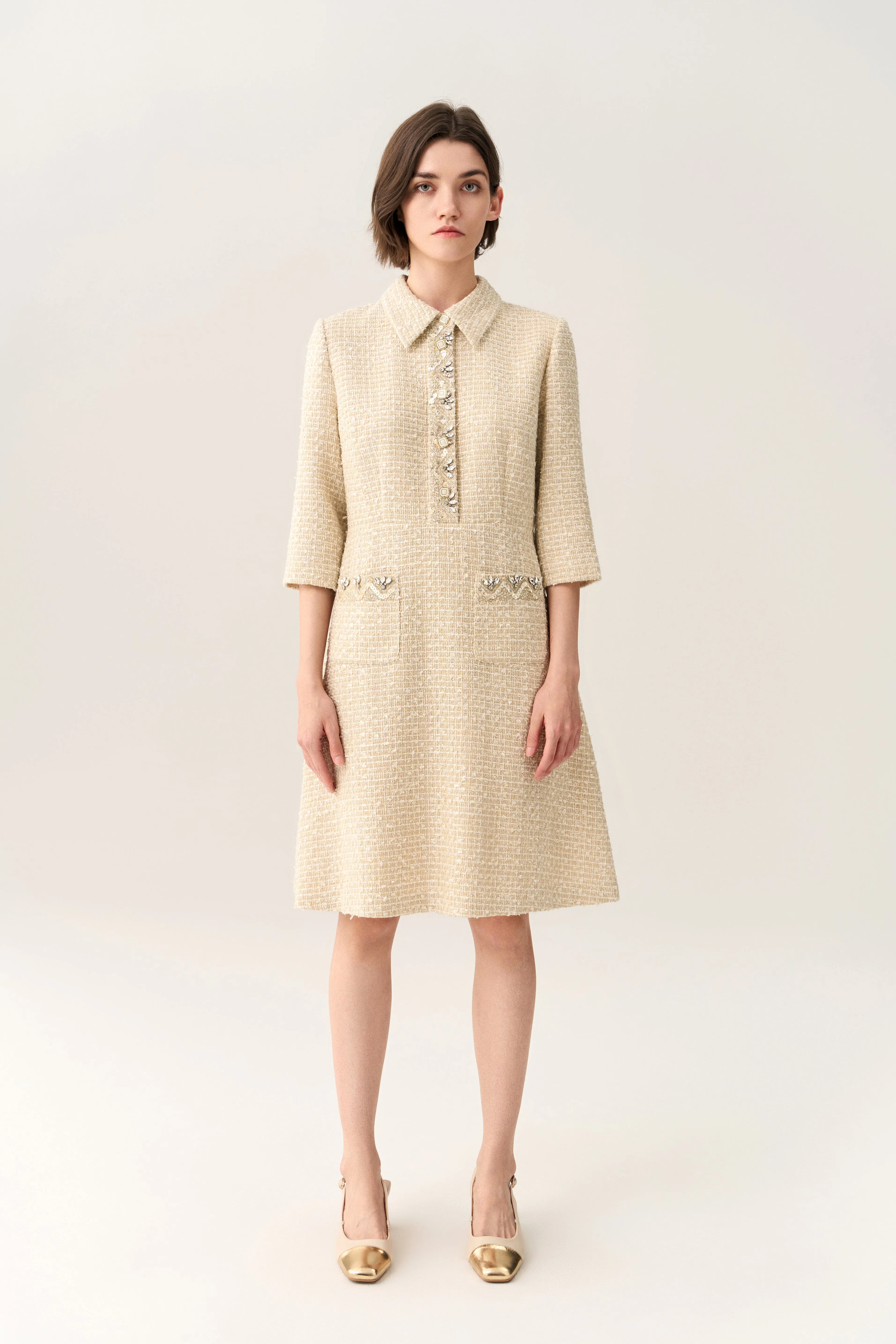 Embellish-trimmed Lapel A-line Dress ThermalInsulated