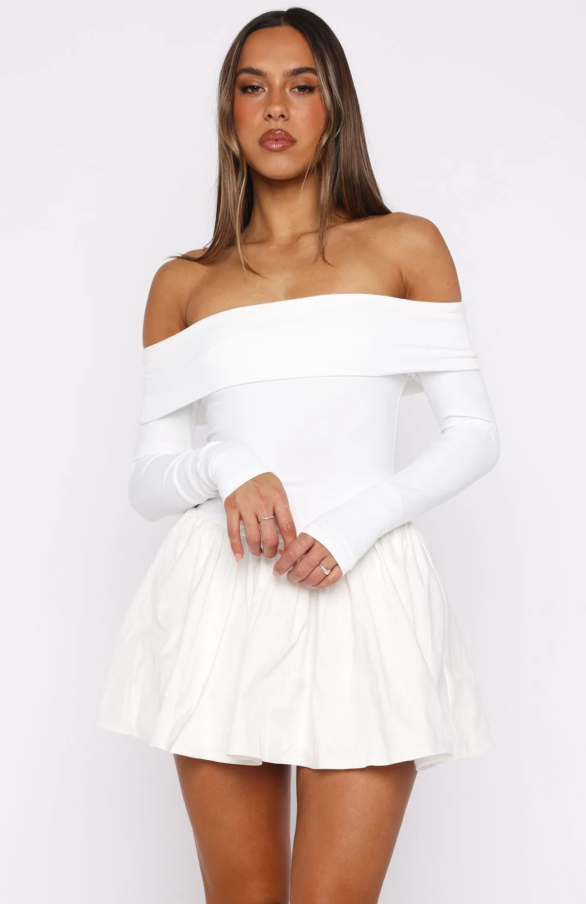 Big Reveal Long Sleeve Mini Dress Off White SustainableBlend Jewel tone