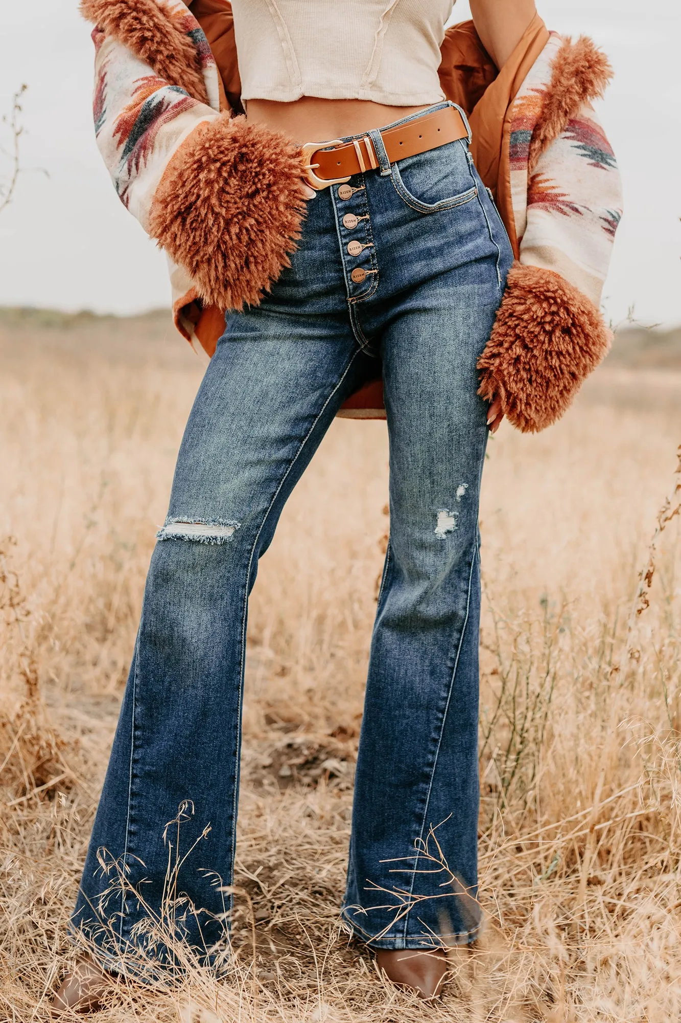HeatPressedLogos Relaxed Silhouette Valina High Rise Tummy Control Buttoned Flare Risen Jeans (Dark)