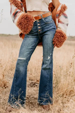 HeatPressedLogos Relaxed Silhouette Valina High Rise Tummy Control Buttoned Flare Risen Jeans (Dark)
