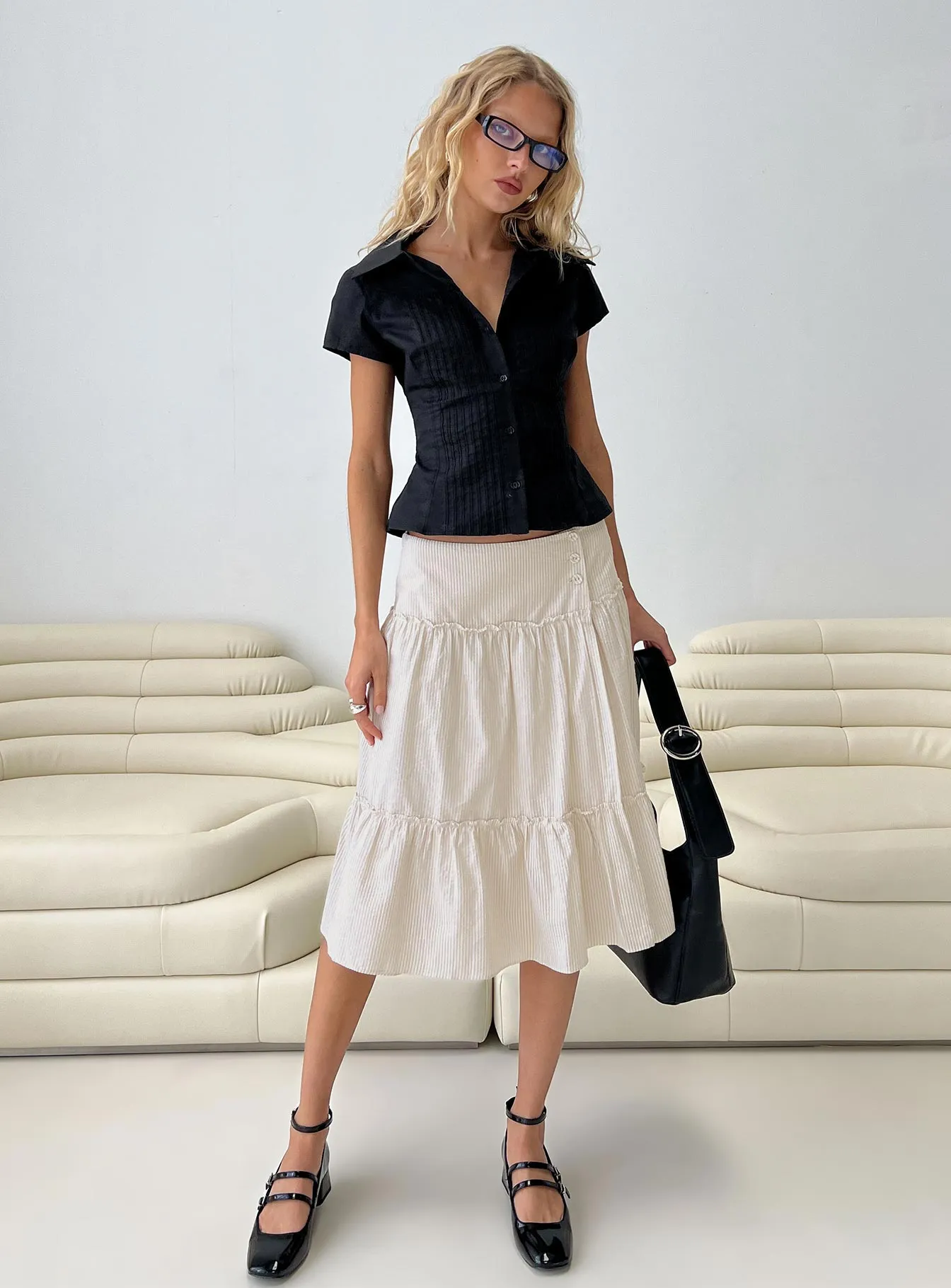 Collector??s Item Dance Practice Cascades Low Rise Midi Skirt Beige / White Stripe