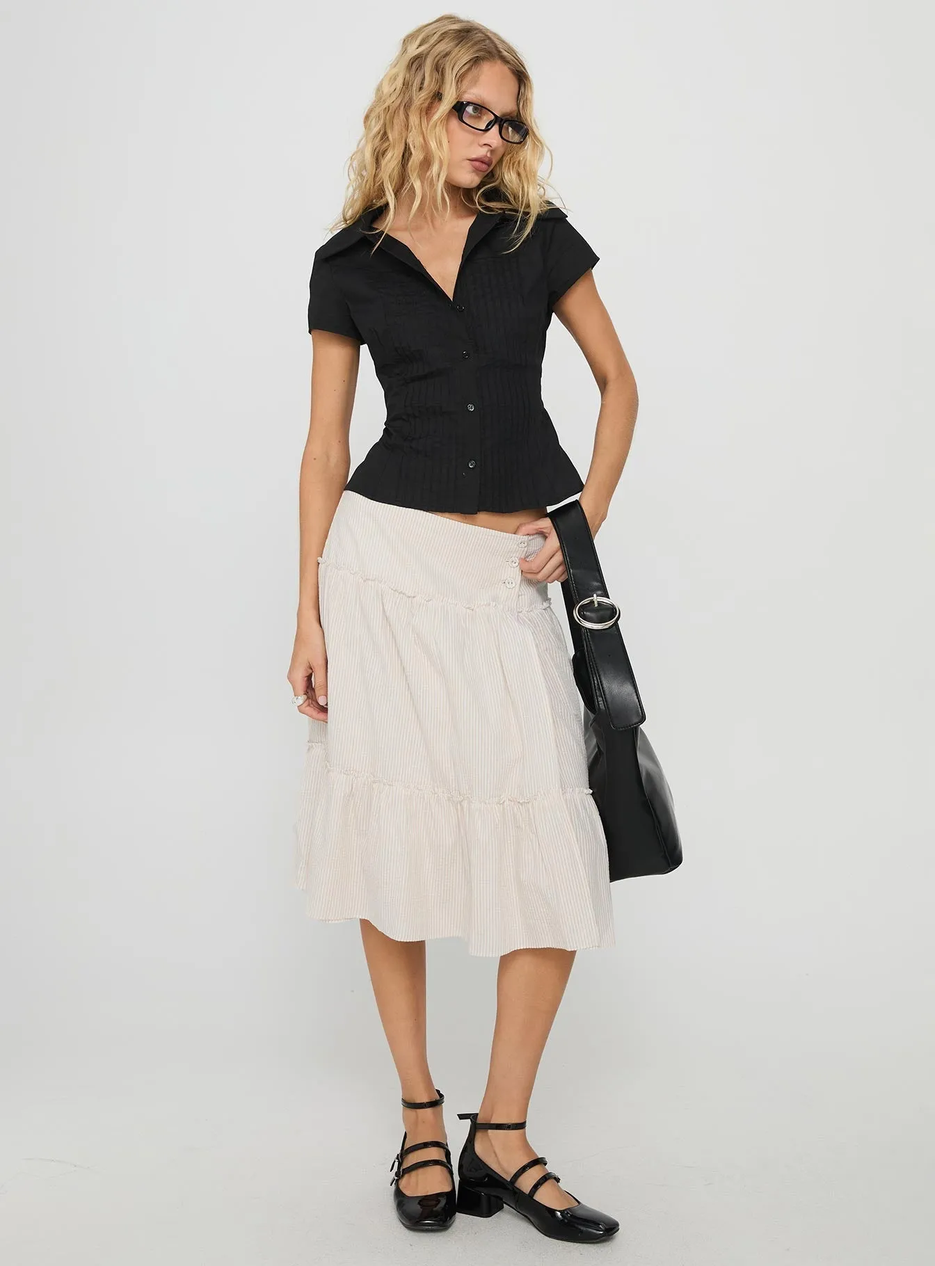 Cascades Low Rise Midi Skirt Beige / White Stripe Festival Outfit