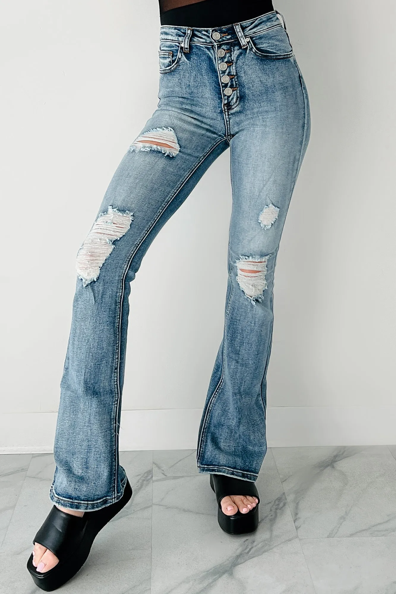 Aysha High Rise Distressed Indigo Reign Flare Jeans (Medium) Formal Shirt