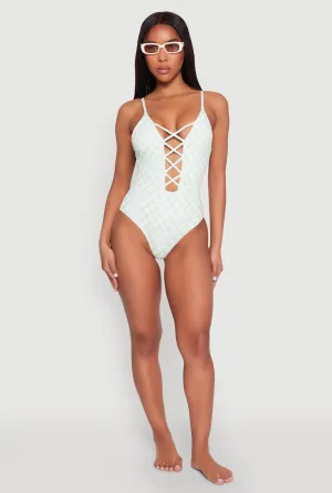 Checkered Print Caged Front One Piece Swimsuit ribbed texture Compression Panels