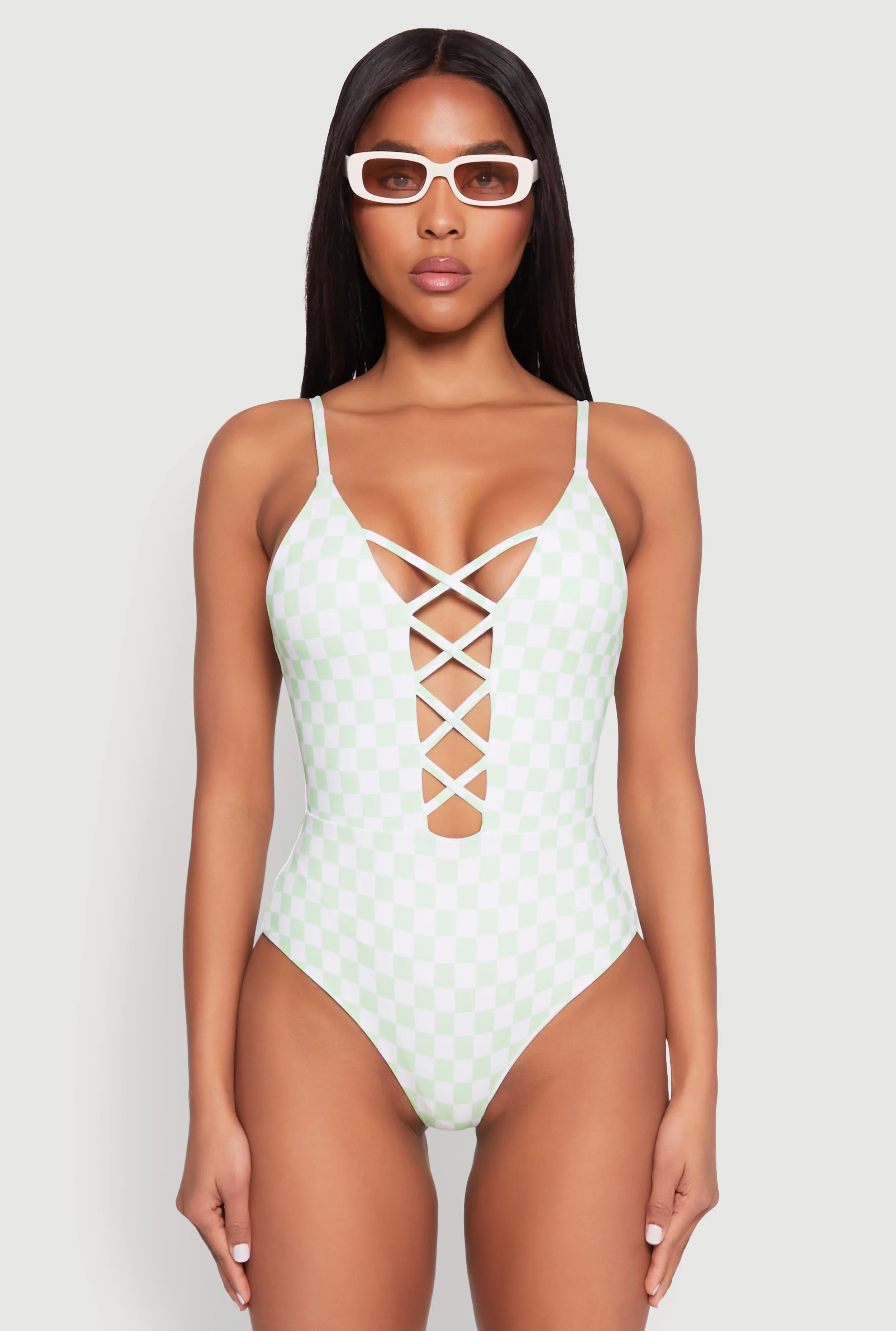 Quick Draining Vent Perforations Rash Free Design Checkered Print Caged Front One Piece Swimsuit