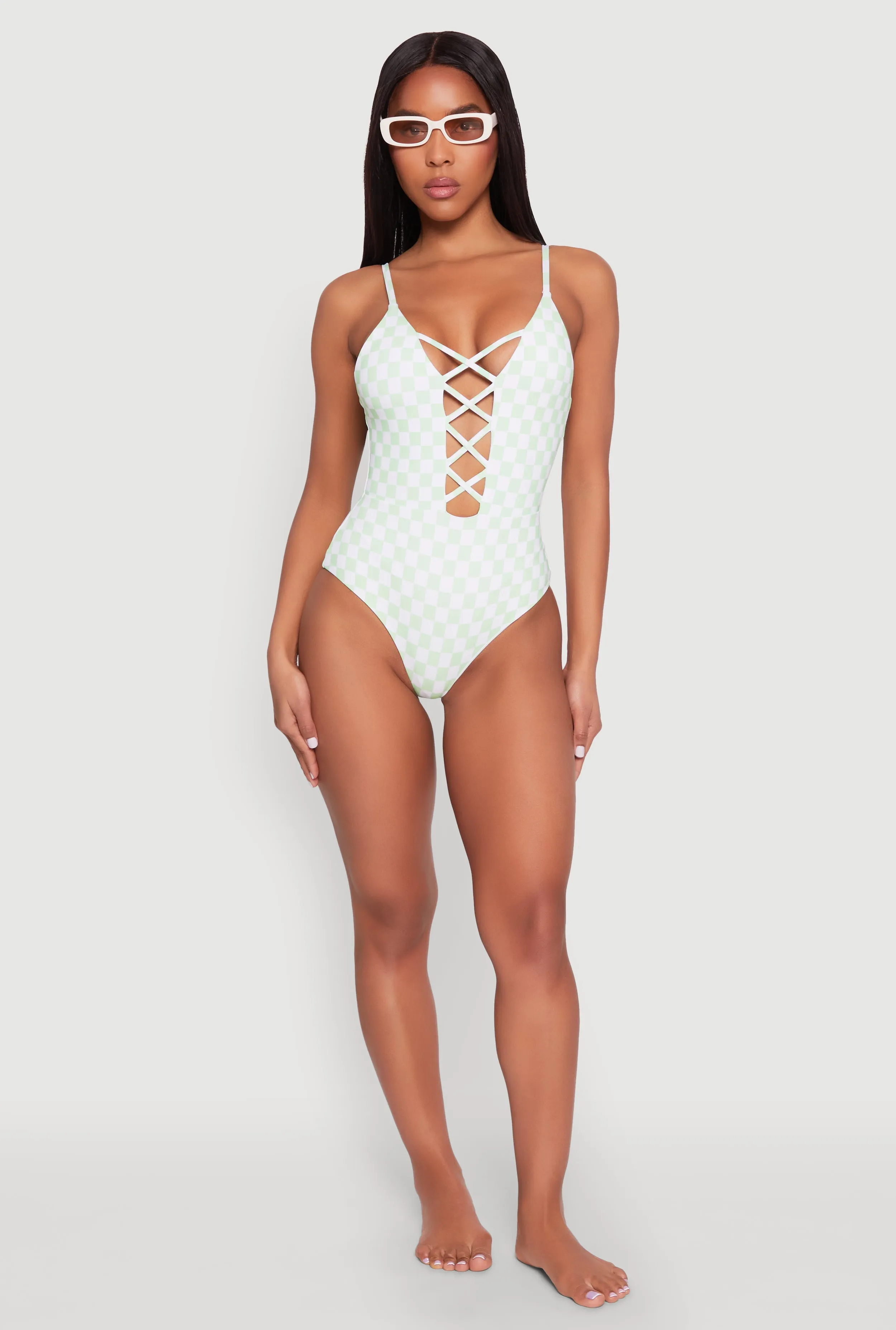 Checkered Print Caged Front One Piece Swimsuit ribbed texture Compression Panels