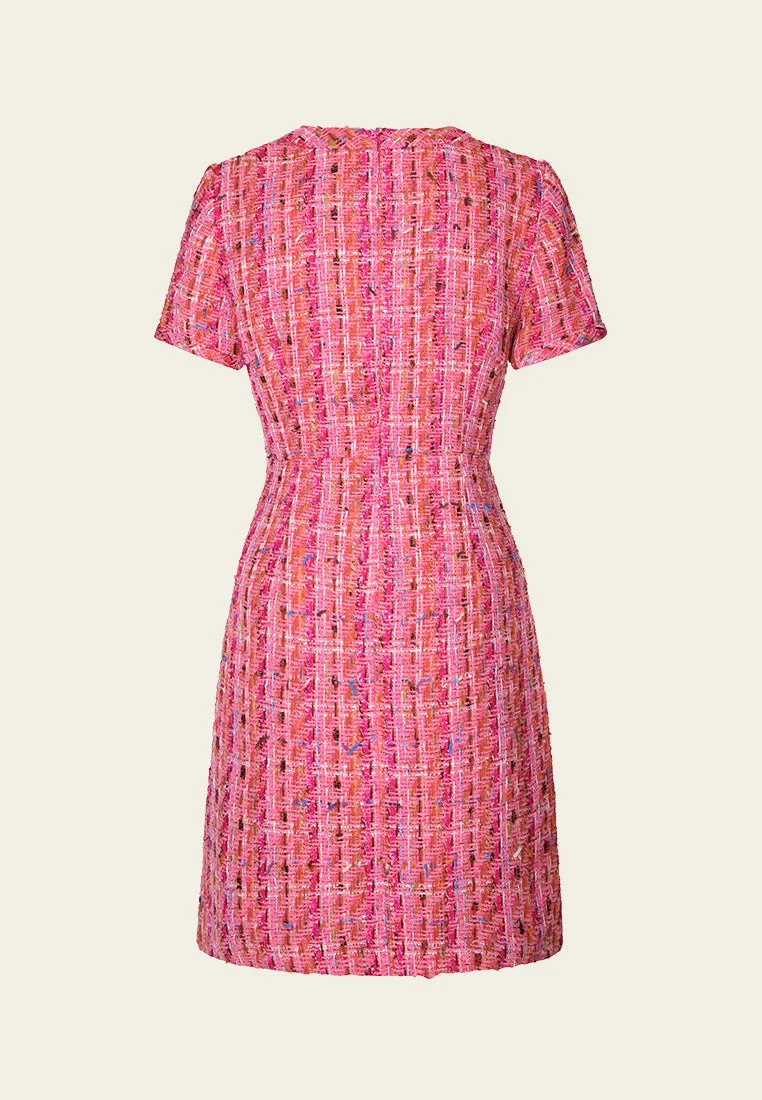 V-neck Embellished-button Mixed Tweed Dress African Bold