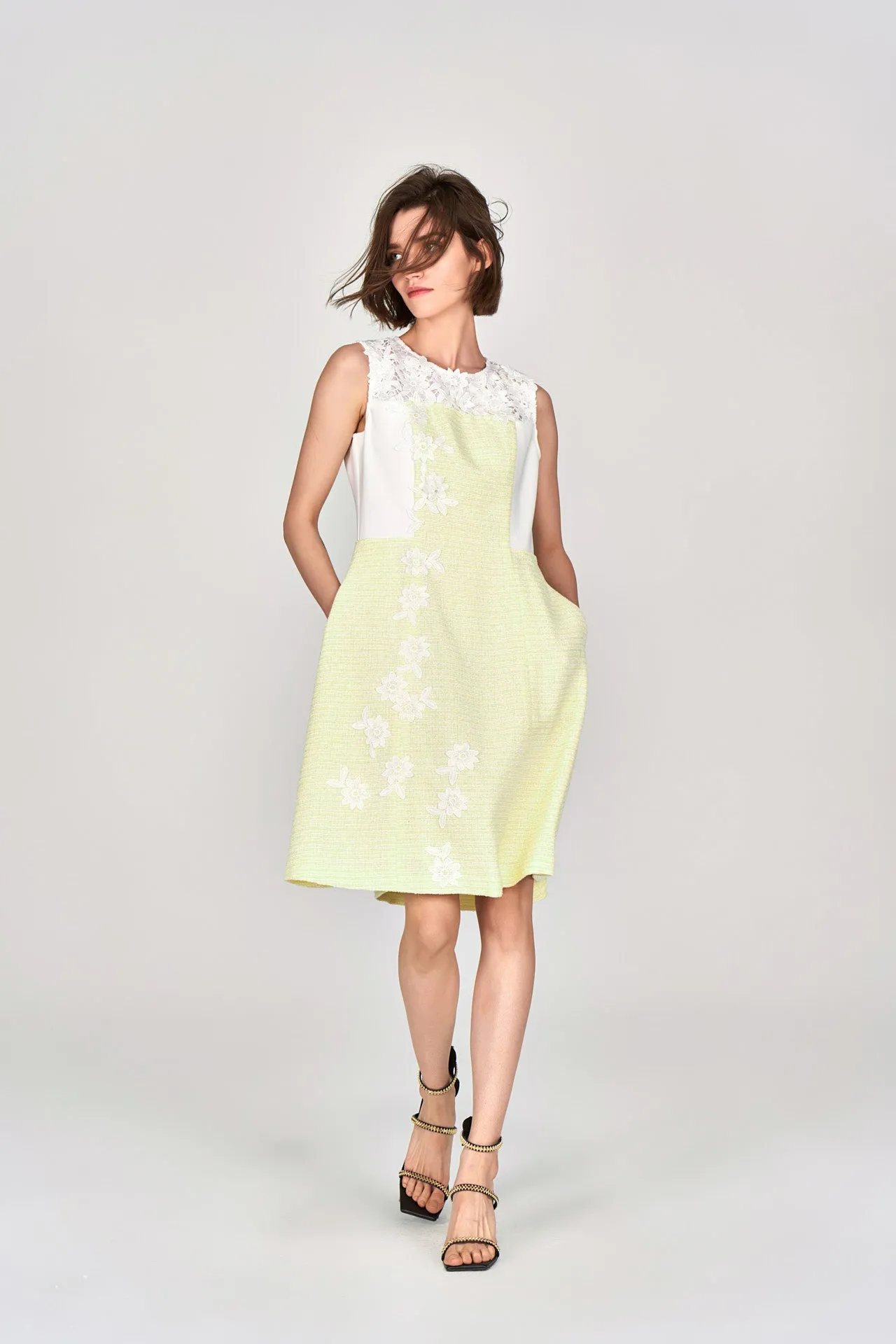 Yellow Lace Sleeveless Tweed Dress SnagFree Surface Moon Cool