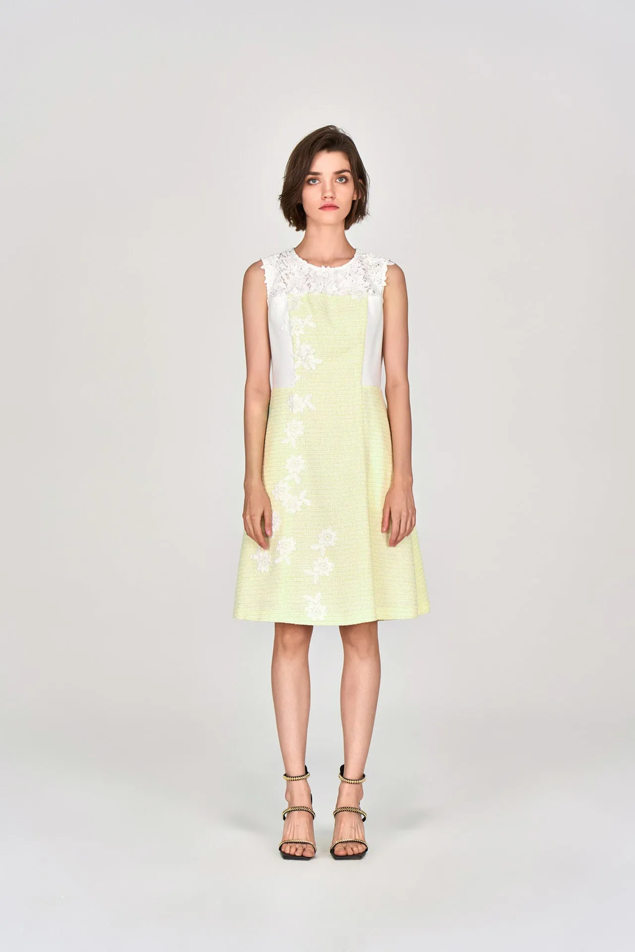 Yellow Lace Sleeveless Tweed Dress Urban Pulse Glam Night