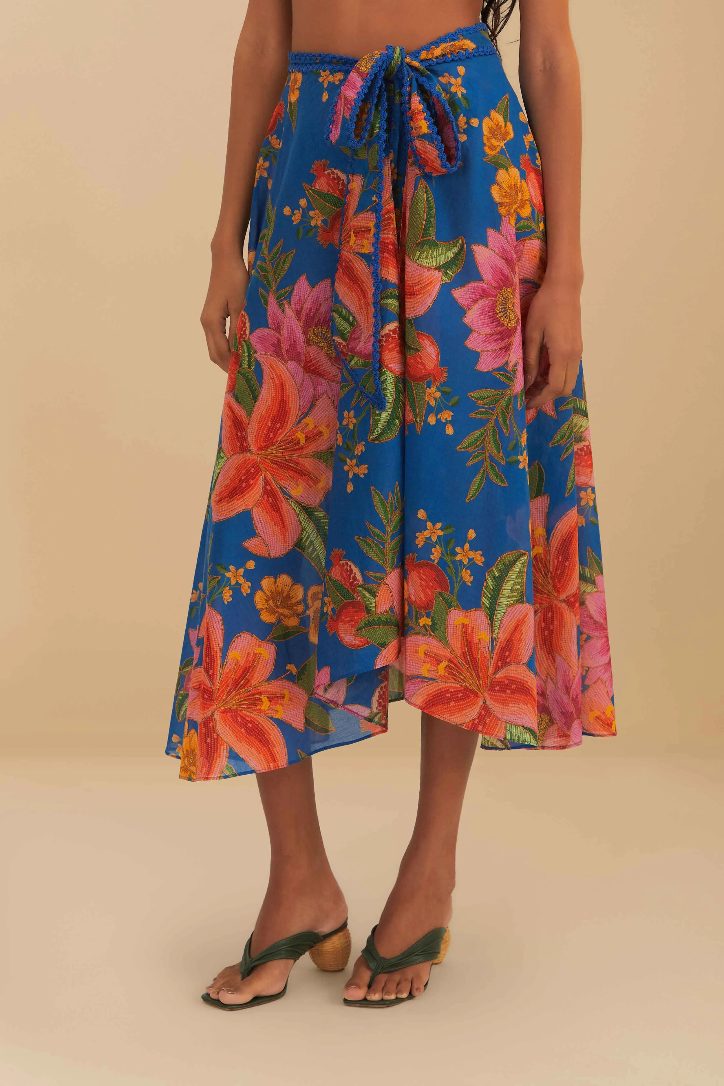 Smooth Look Blue Summer Fruit Midi Skirt