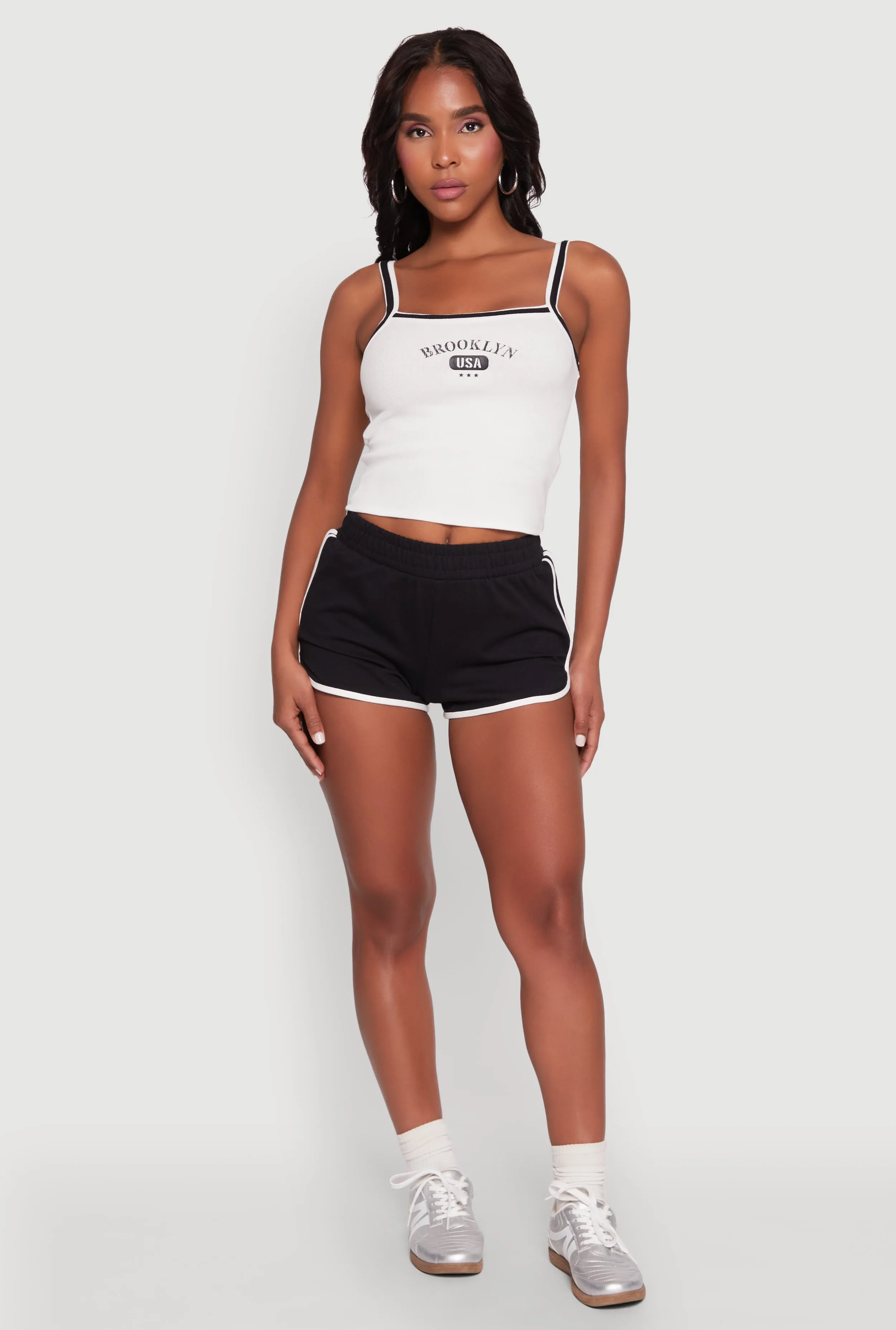 Almost Famous Contrast Trim Graphic Print Crop Cami Moisture Activated Cooling
