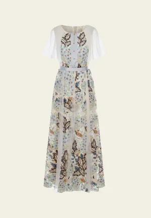 Elegant Glow Panelled Cape-detail Embellished Mesh Dress