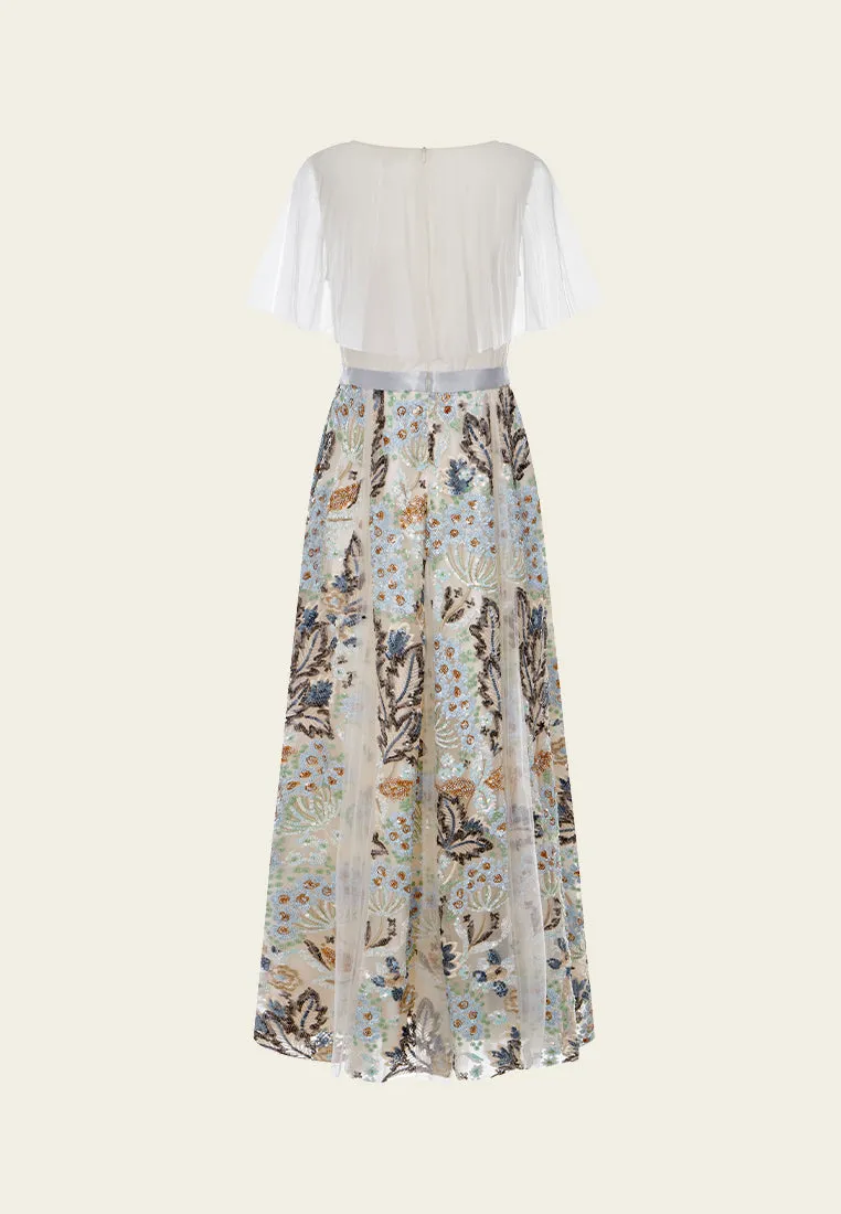 Dynamic Glow Panelled Cape-detail Embellished Mesh Dress