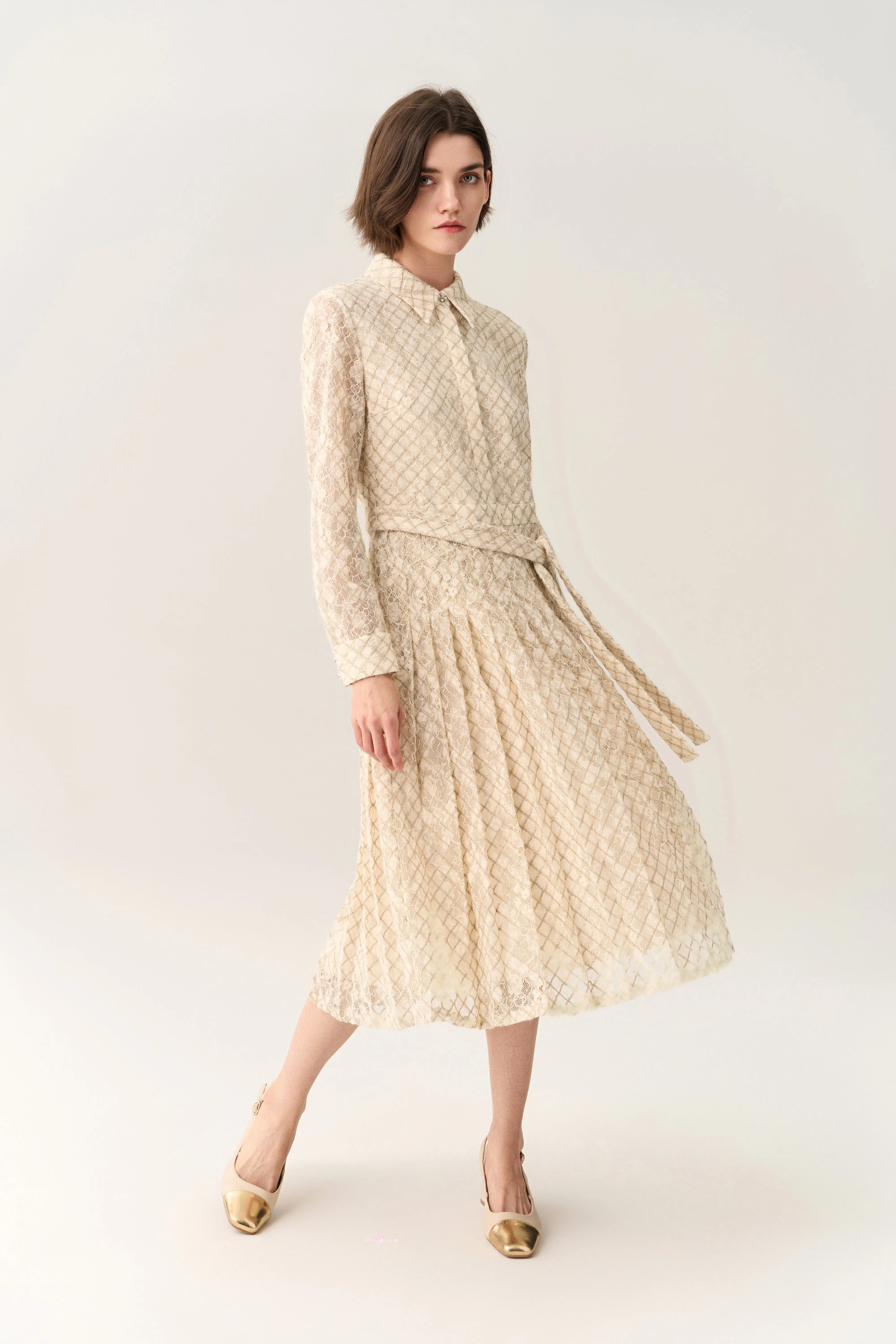 Luxury Core Diagonal Check Lace Pleated Dress with Belt