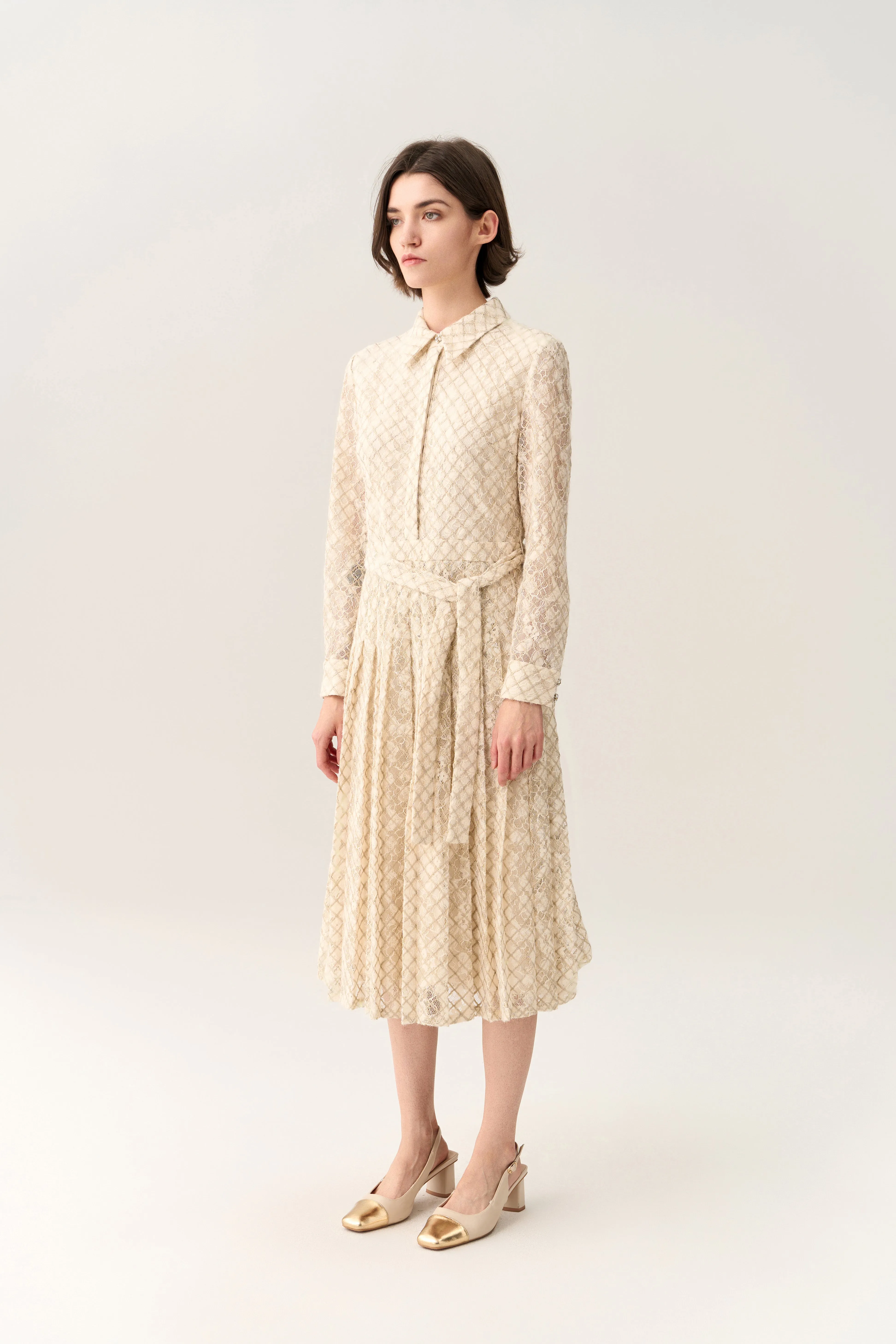 Night Charm Diagonal Check Lace Pleated Dress with Belt
