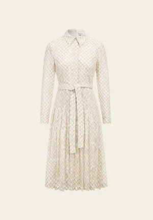 Diagonal Check Lace Pleated Dress with Belt QuickDry Technology