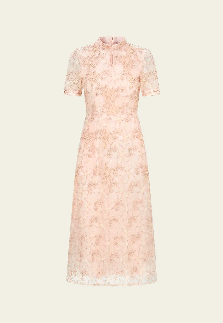 Stand-collar Oriental Embellished Embroidery Mesh Cheung Sham Moon Beam