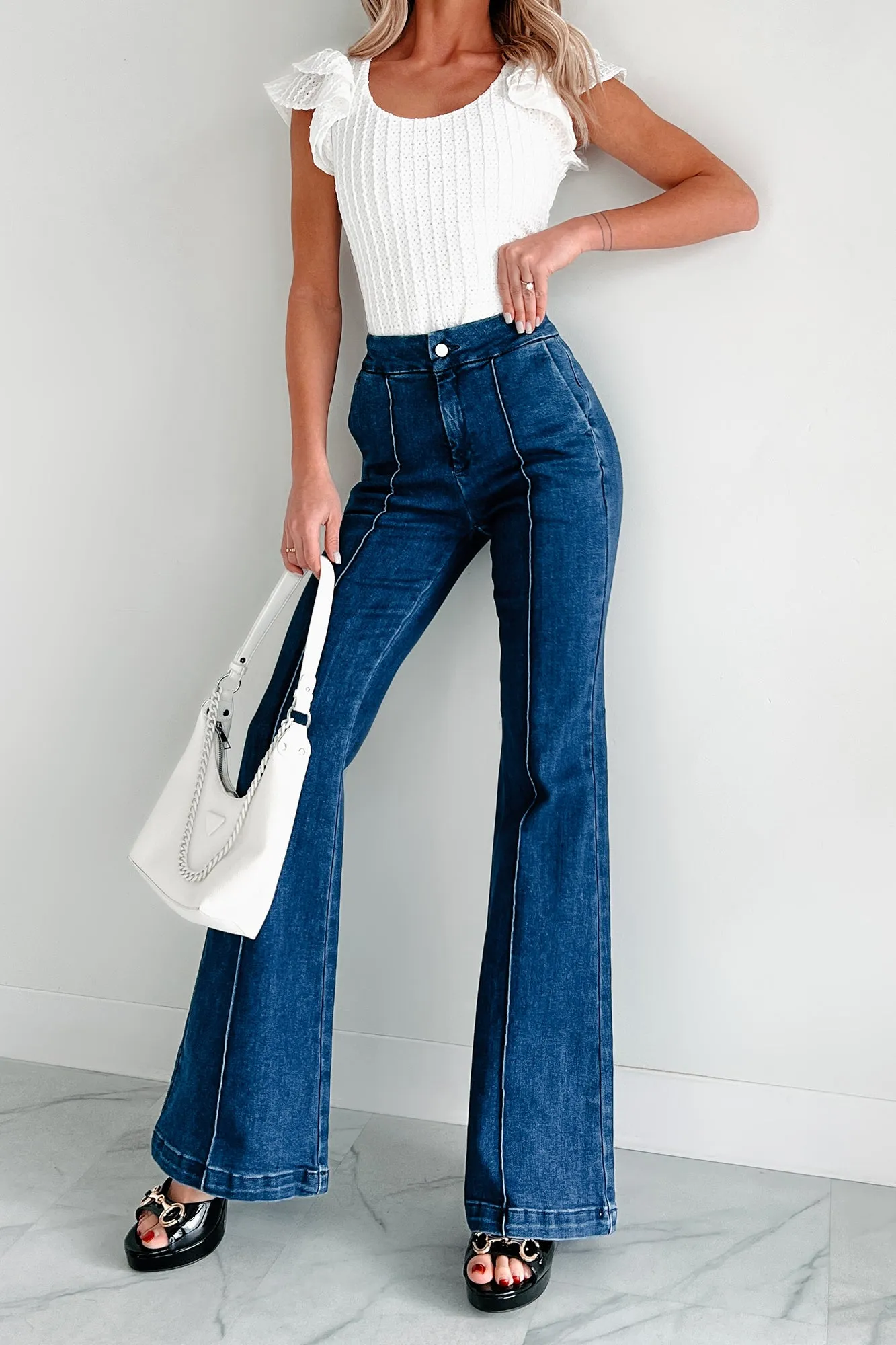 Abigail Special A High Rise Trouser Flare Jeans (Dark) Tagless Neckline Design Sweat Absorbent Inner Layer