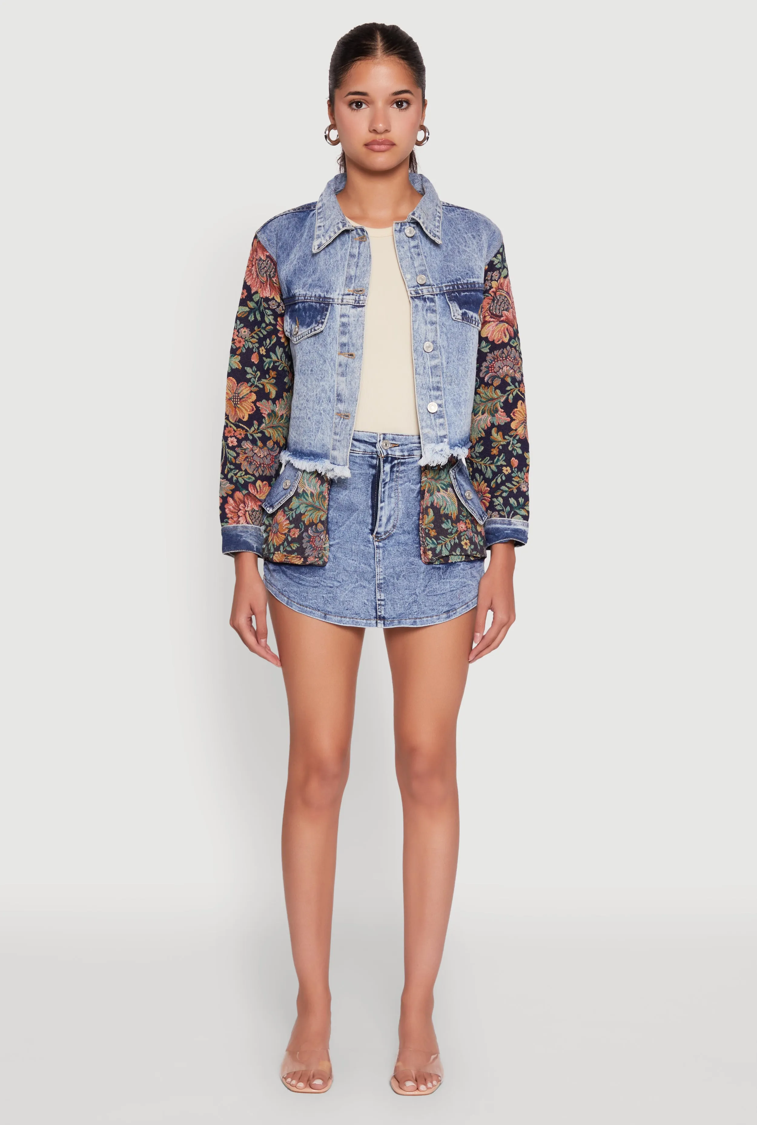 Neutral Outfit Piece Fray Resistant Hem Floral Jacquard High Waisted Denim Skort