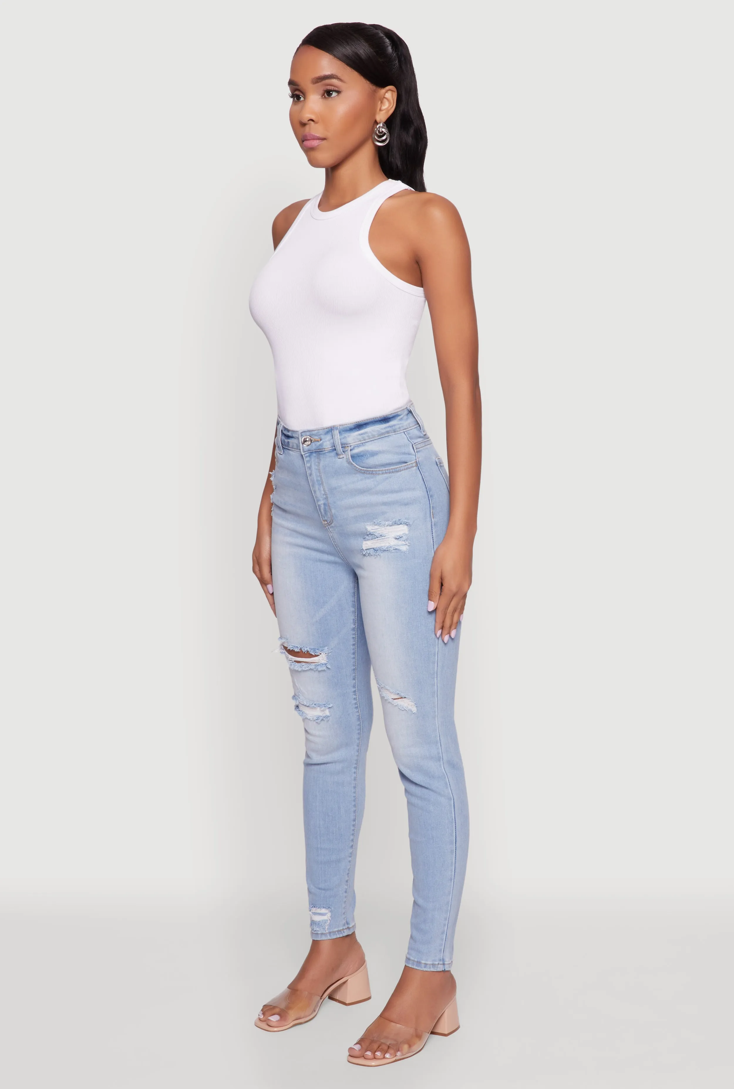 WAX High Waisted Distressed Skinny Jeans Adjustable Waist Classic Casual