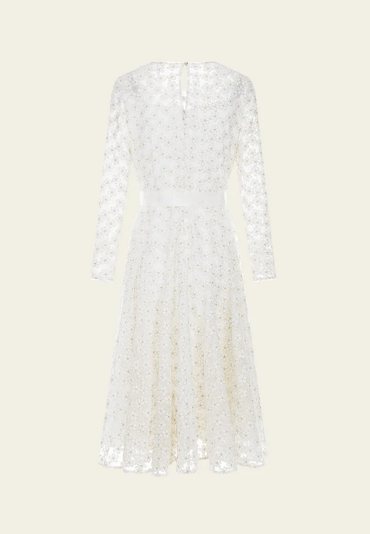 Embroidered Mesh Belted Dress Adjustable Waistband Holiday Glow