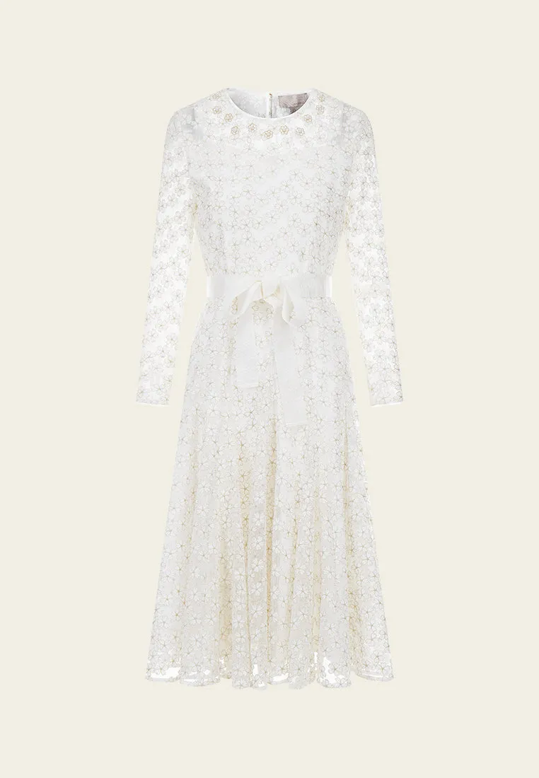 Embroidered Mesh Belted Dress Windproof Outer Layer