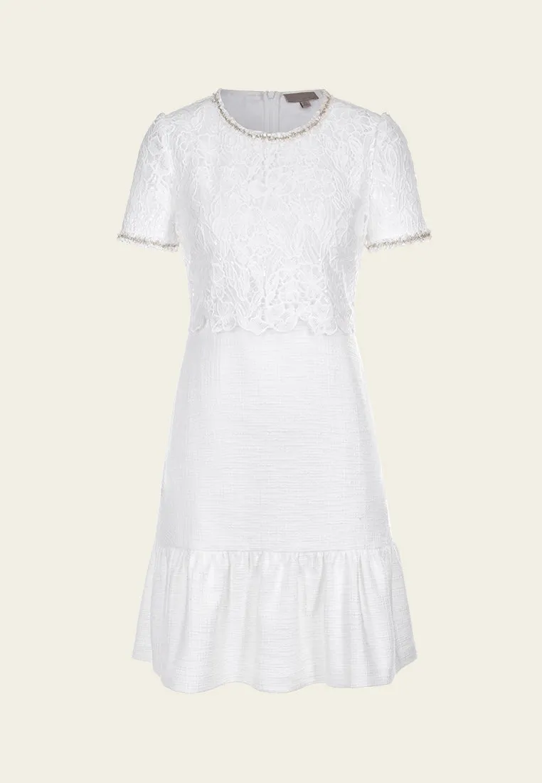 Serene Ease Tiered Lace-detail Frayed-detail Fishtail Dress