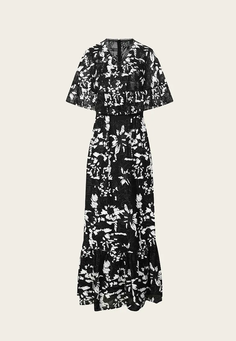 Black Floral Embroidered and Sequined Maxi Dress Cozy Wrap